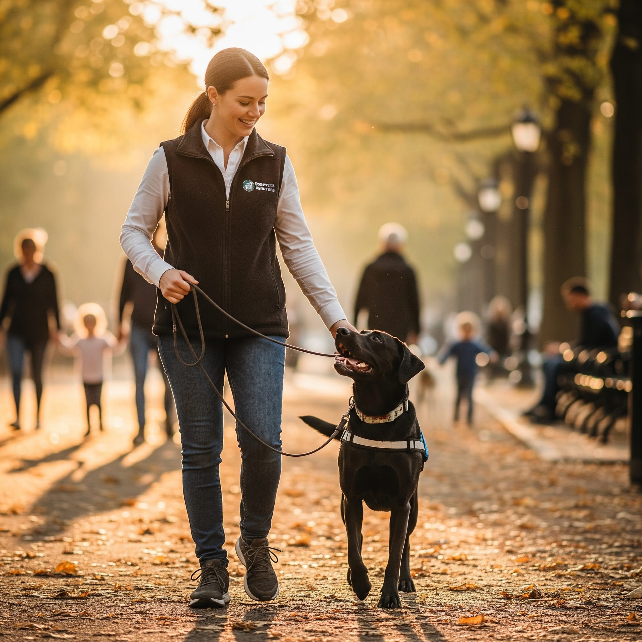 Woman walking guide dog on sunny park path.