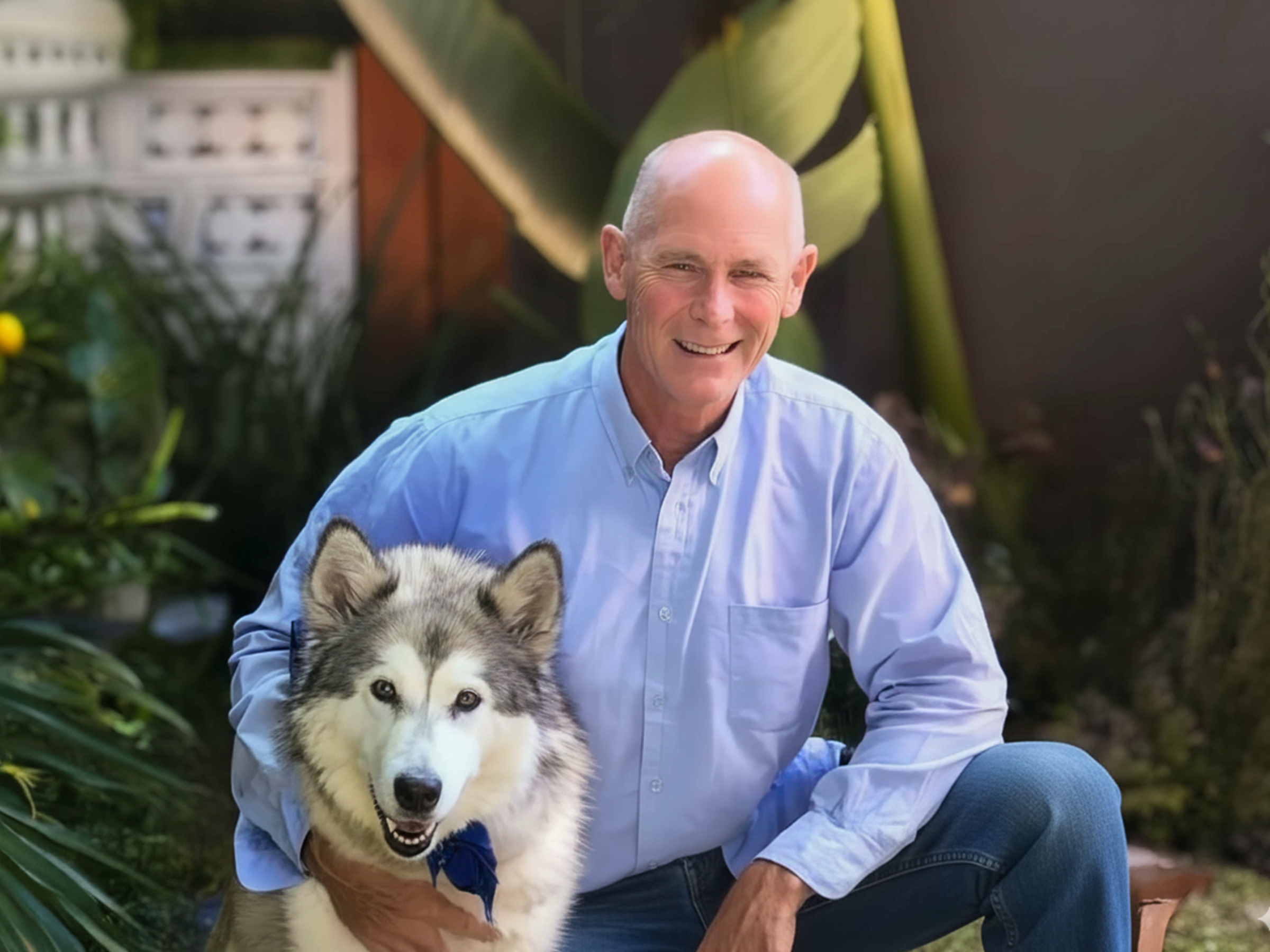 Smiling man with husky in garden