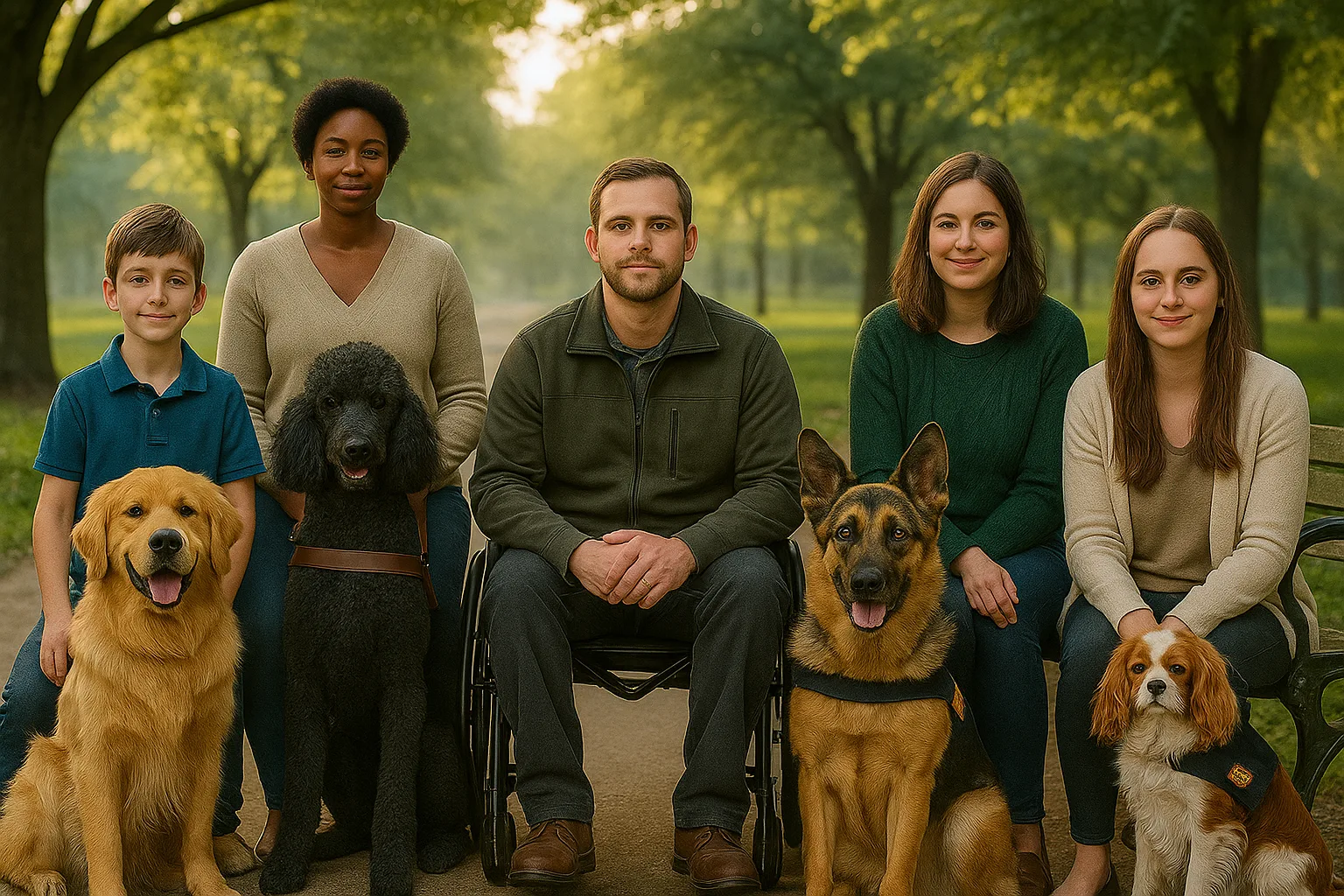 Group with guide dogs in park setting.