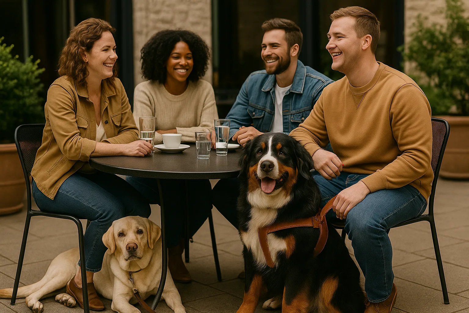 Friends enjoying coffee with two guide dogs.