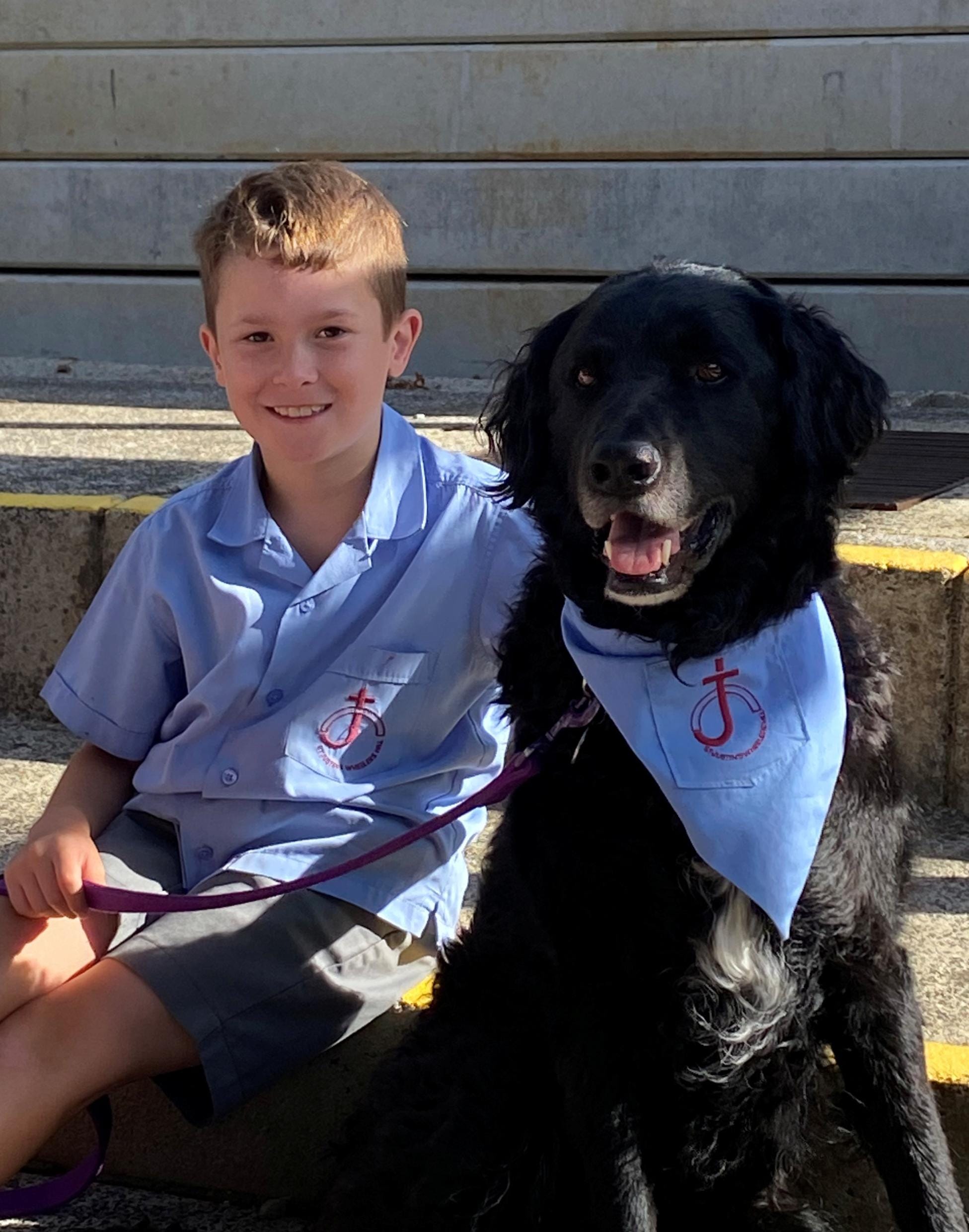 Boy and dog in matching blue shirts.